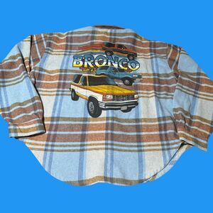 Ford Bronco Flannel Shirt Plaid Blue Brown Graphic Button Down Large Women's